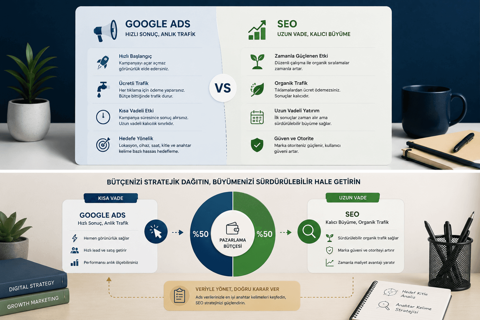 Google Ads ve SEO'yu hız, maliyet ve kalıcılık başlıklarında karşılaştıran bütçe dağılımı şeması