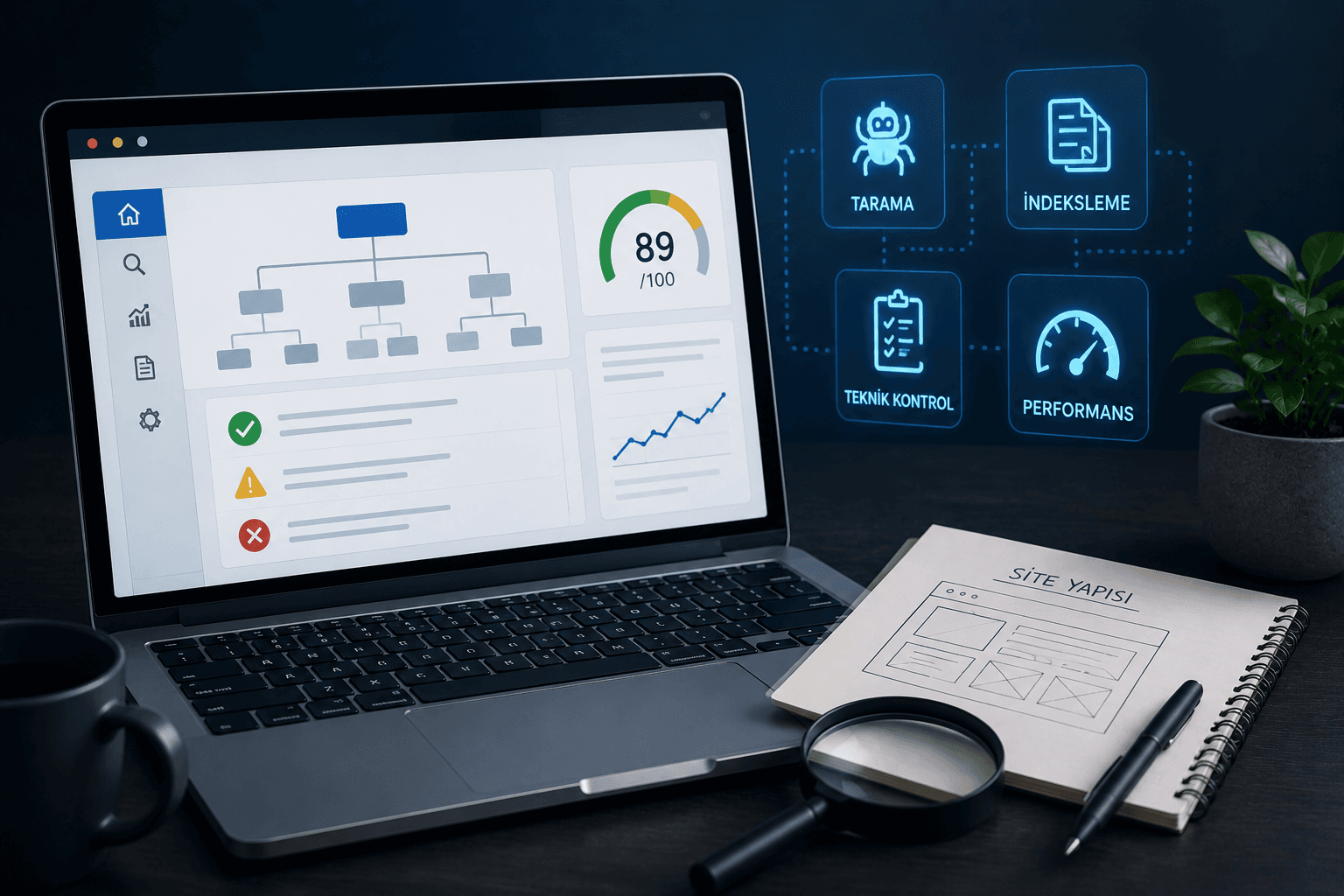 Tarama, indeksleme ve performans puanlarını gösteren teknik SEO denetim ekranı