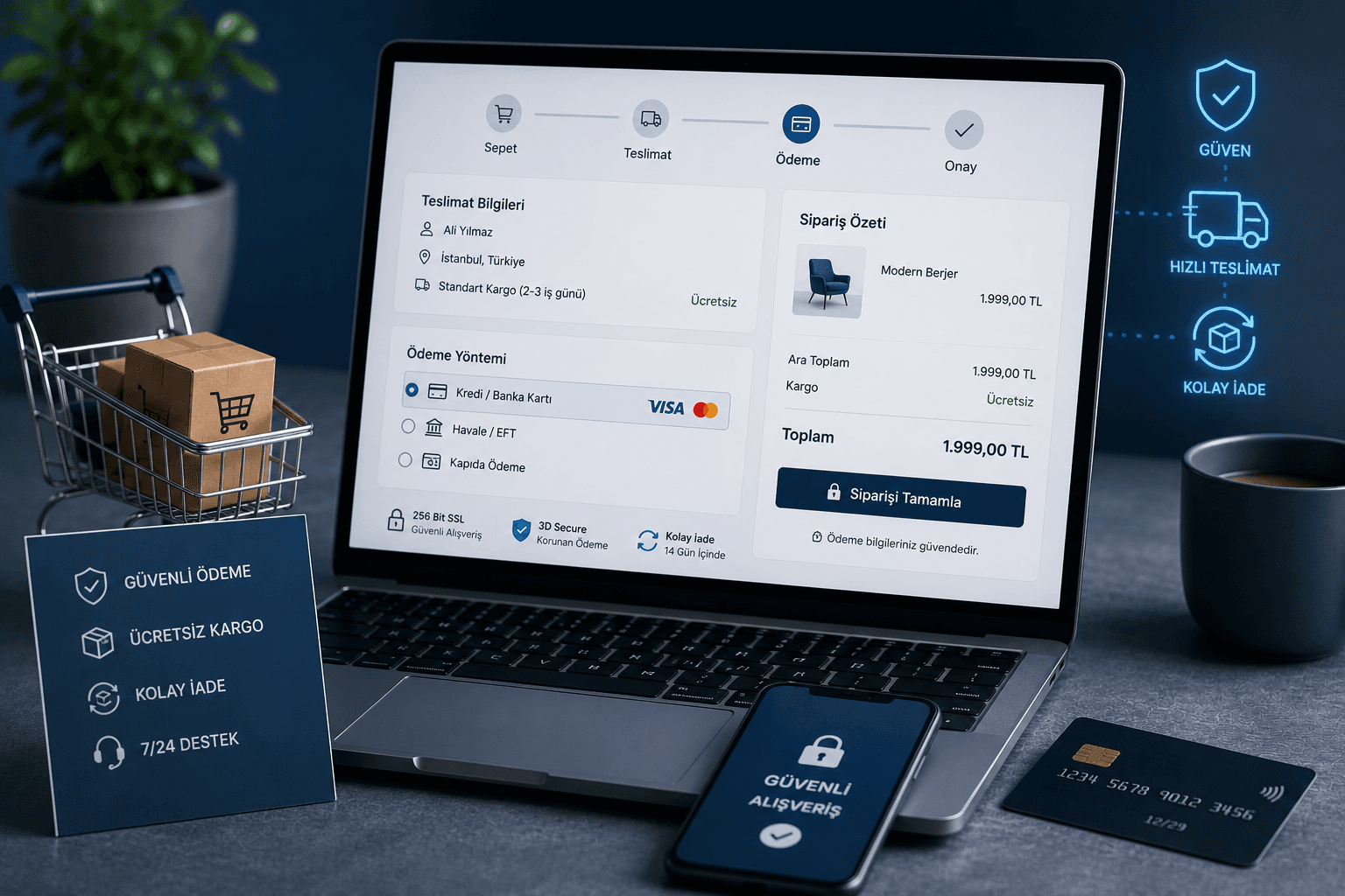 Güven rozetleriyle sadeleştirilmiş bir e-ticaret ödeme akışı ve sipariş özeti